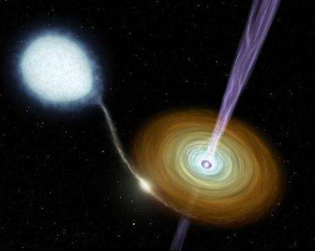 Vue d'artiste d'un jet de matière émis par l'étoile à neutrons d'un système Binaire X (Crédits : NASA/JPL-Caltech/R. Hurt (SSC))