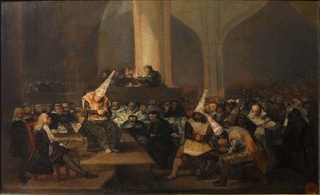 Tribunal de l'Inquisition par Francisco de Goya, entre 1812 et 1819 (autodafé dans une église : les accusés portent un chapeau pointu ; les flammes peintes sur les chapeaux supposent qu'ils sont condamnés au bûcher). © Académie royale des Beaux-Arts de San Fernando, Madrid, Wikimedia Commons, DP