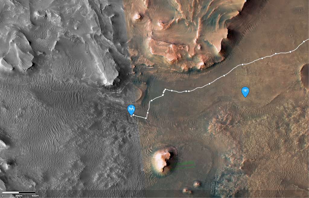 Au centre : position du rover Perseverance sur Mars au 419e Sol (419e jour martien depuis son arrivée). L'autre indicateur bleu, à droite, marque la position actuelle d'Ingenuity. © Nasa, JPL-Caltech