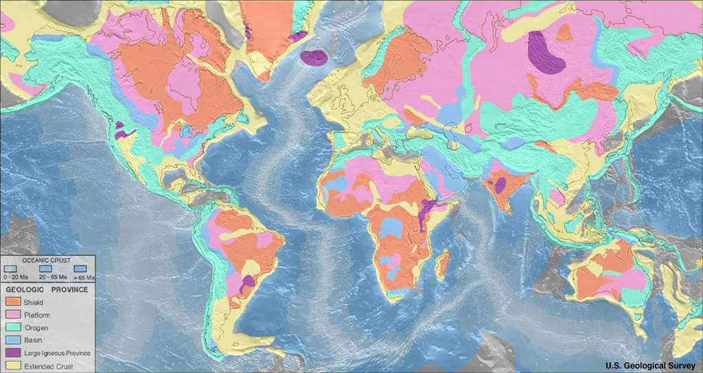 Les grandes provinces géologiques de la Terre. Les cratons sont représentés en orange (boucliers). © USGS, Wikimedia Commons, domaine public