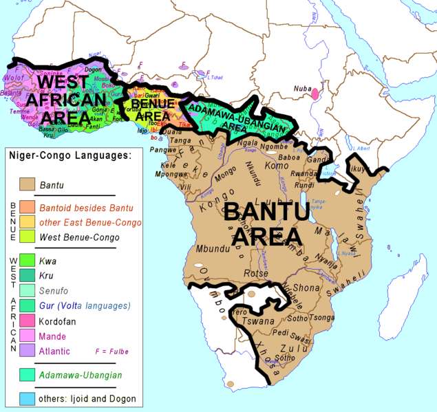 Aujourd'hui, les langues bantoues sont réparties dans une vingtaine de pays, dont le Cameroun. Ce pays se situe à la frontière entre la zone des langues bantoues (bantu area) et la zone des langues bénoué-congolaises (benue area). © Kimdime, Wikimedia Commons, CC by-sa 3.0