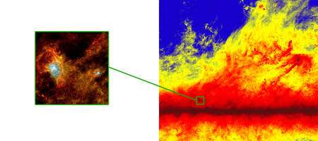 Figure 2. Cliquer sur l'image pour l'agrandir. A gauche une « pouponnière stellaire » typique vue par Herschel dans la constellation de l'Aigle et à droite la structure filamentaire du milieu interstellaire dans le voisinage solaire vue par Planck. Crédit : ESA-HFI Consortium