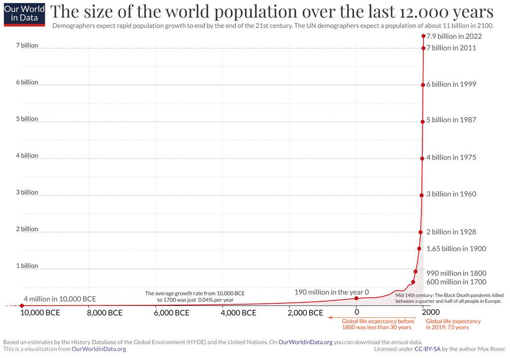 L'évolution de la population mondiale depuis 12.000 ans, depuis la sédentarisation d'Homo sapiens. À cette échelle, la récente explosion démographique semble faire tendre la population mondiale vers l'infini. © Max Roser, Our World in Data
