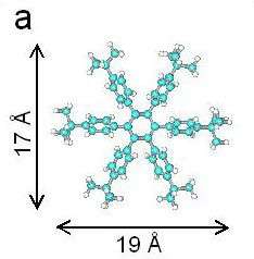 Structure et dimensions (1 Angström = 0,1 nanomètre = 10-10 mètres) de la molécule à six « pattes ». Le centre de la molécule est composé d'un groupement phényle (cycle à six atomes de carbone). Chaque patte est composée d'un phényle et d'un méthyle (4 atomes de carbone). © Nature Materials, Vol. 4, N°12, Dec.2005.