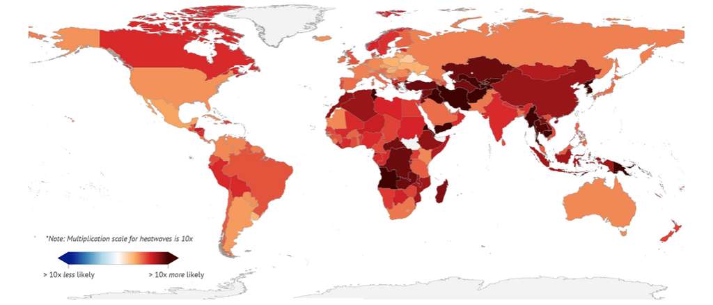 Sur cette carte apparaissent en rouge les pays dont les populations nées en 2020 seront plus exposées à des vagues de chaleur que celles nées en 1960. En haut pour un réchauffement de +1,5 °C, en bas, pour un réchauffement de l’ordre de +2,5 °C. © Joe Goodman, Carbon Brief based on data from Thiery et al.