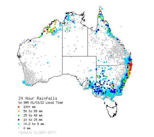 Carte des précipitations enregistrées ces dernières 24 heures : en rouge, les zones où il est tombé plus de 100 mm © Australian Governement - Bureau of Meteorology
