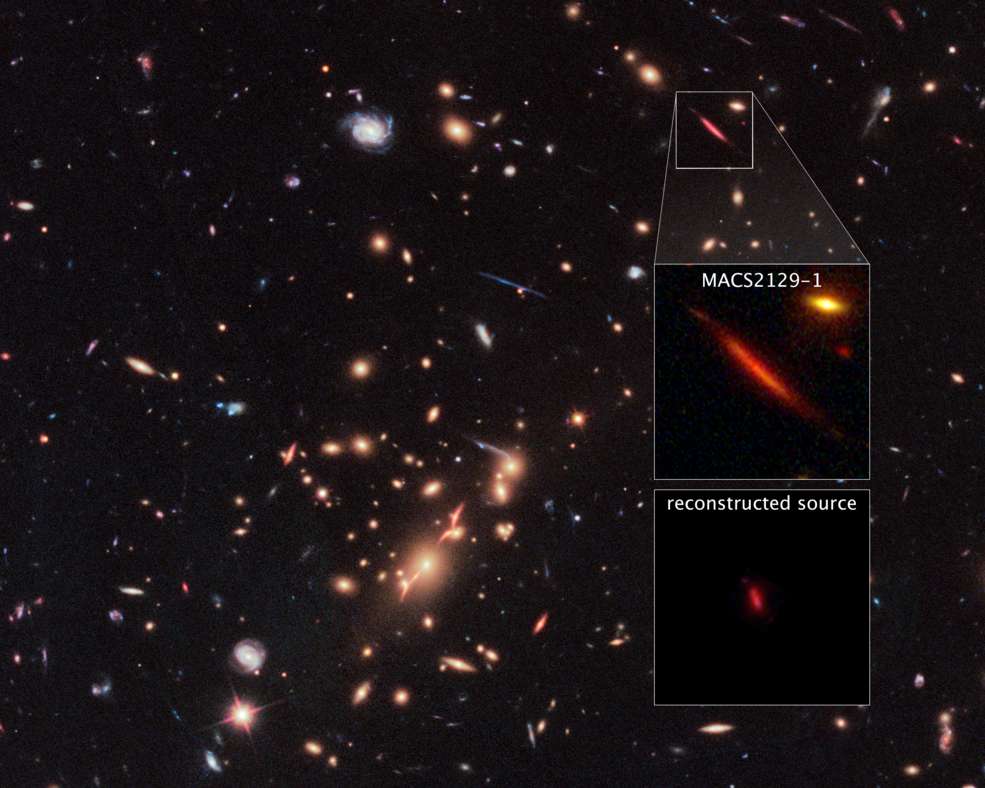 Image de l'amas massif de galaxies jouant l'effet d'un télescope naturel. La galaxie distante "morte", de couleur rouge, est encadrée par un rectangle. © Nasa, ESA, S. Toft (University of Copenhagen), M. Postman (STScI), the CLASH team, Insu