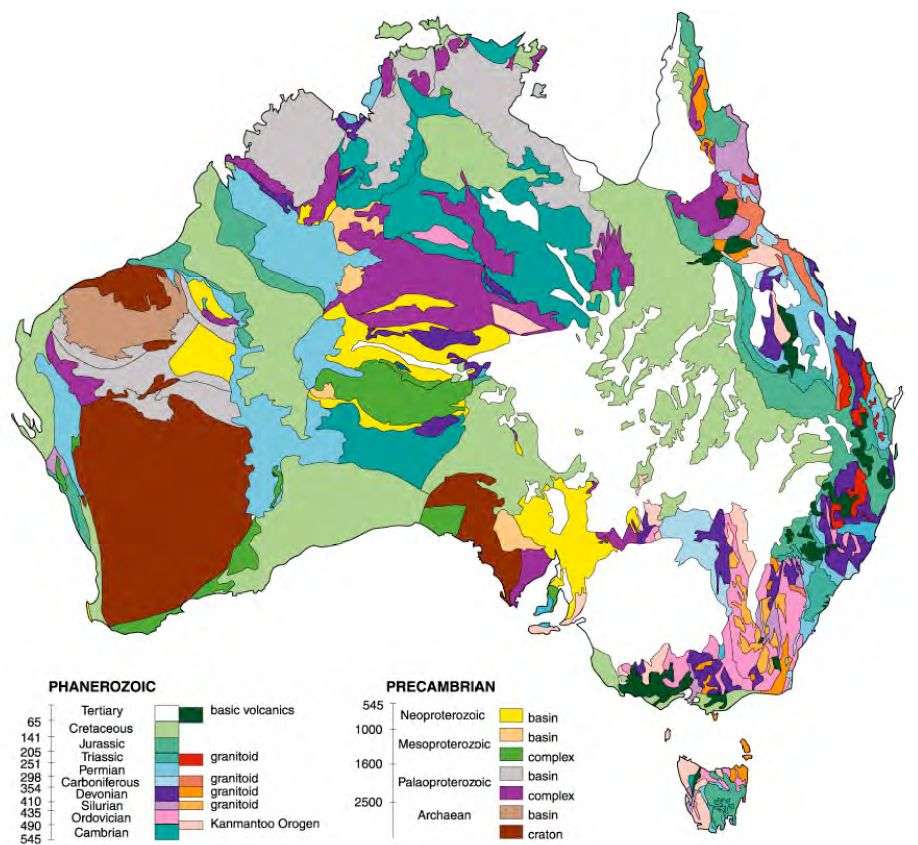 La carte géologique de l'Australie indique l'emplacement du craton archéen de Yilgarn, la masse brune située dans le coin sud-ouest du continent. La proto-croûte de 4 milliards d'années serait située à la base de ce craton, dans sa partie ouest. © Electionworld, Wikimedia Commons, CC by-sa 3.0