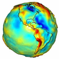 Le projet Grace permet de cartographier les anomalies du champ de pesanteur de la Terre. Les zones en rouge montrent les régions d’anomalies positives, c'est-à-dire où il y a un excès de masse. Les régions en bleu désignent les zones de déficit de masse. © University of Texas Center for Space Research and Nasa 