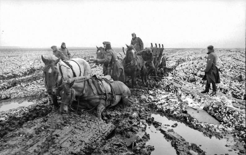 Un attelage de la Wehrmacht enlisé dans la boue de la Raspoutitsa en mars 1942. © Archives fédérales allemandes, Bild 101I-289-1091-26 / Dinstühler, Wikimedia Commons, CC by-sa 3.0