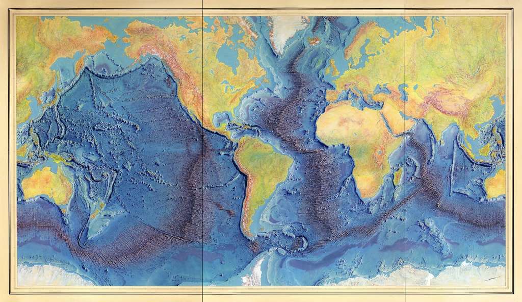 Cartographie des fonds océaniques présentant l'extension de la chaîne de dorsales océaniques. Carte réalisée par Marie Tharp, Bruce Heezen et Heinrich Berann en 1977. © Berann, Heezen, Tharp, Library of Congress, https://www.loc.gov/item/2010586277/