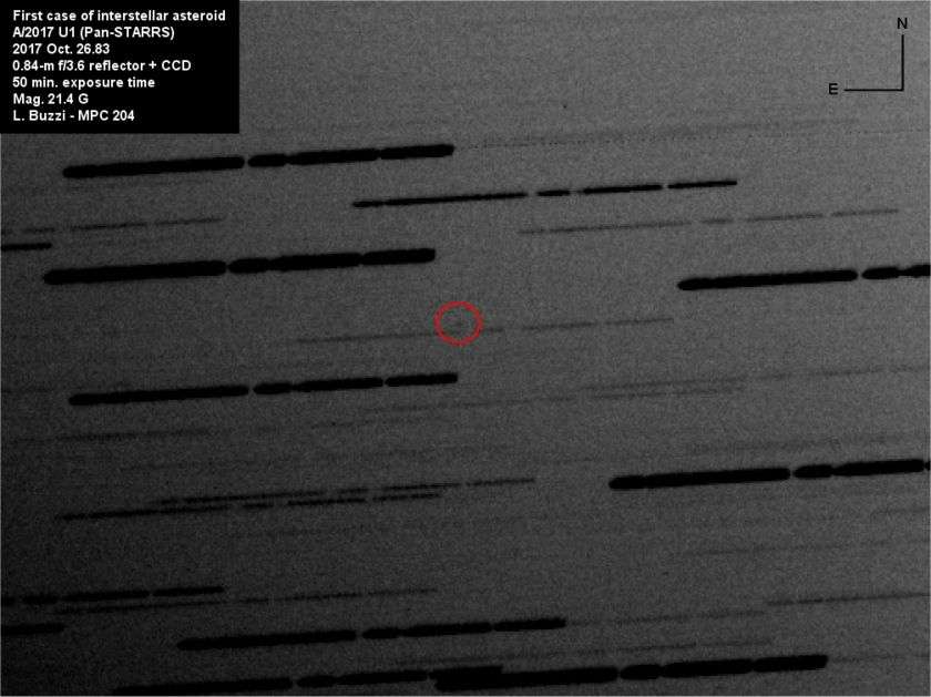 1I/2017 U1 (Oumuamua) photographié le 26 octobre par un chasseur d’astéroïde. Deux jours plus tôt, le visiteur interstellaire n’était qu’à 24 millions de kilomètres de la Terre. © Luca Buzzi