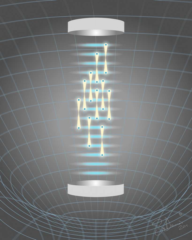 En état de superposition quantique, les atomes de césium sont légèrement décalés l’un par rapport à l’autre (points bleus reliés par une bande blanche). En mesurant la différence d’oscillation entre les deux, on peut mesurer la gravité. © Sarah Davis
