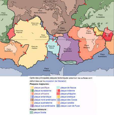 Figure 1- Les principales plaques tectoniques, leurs frontières et leur déplacement.