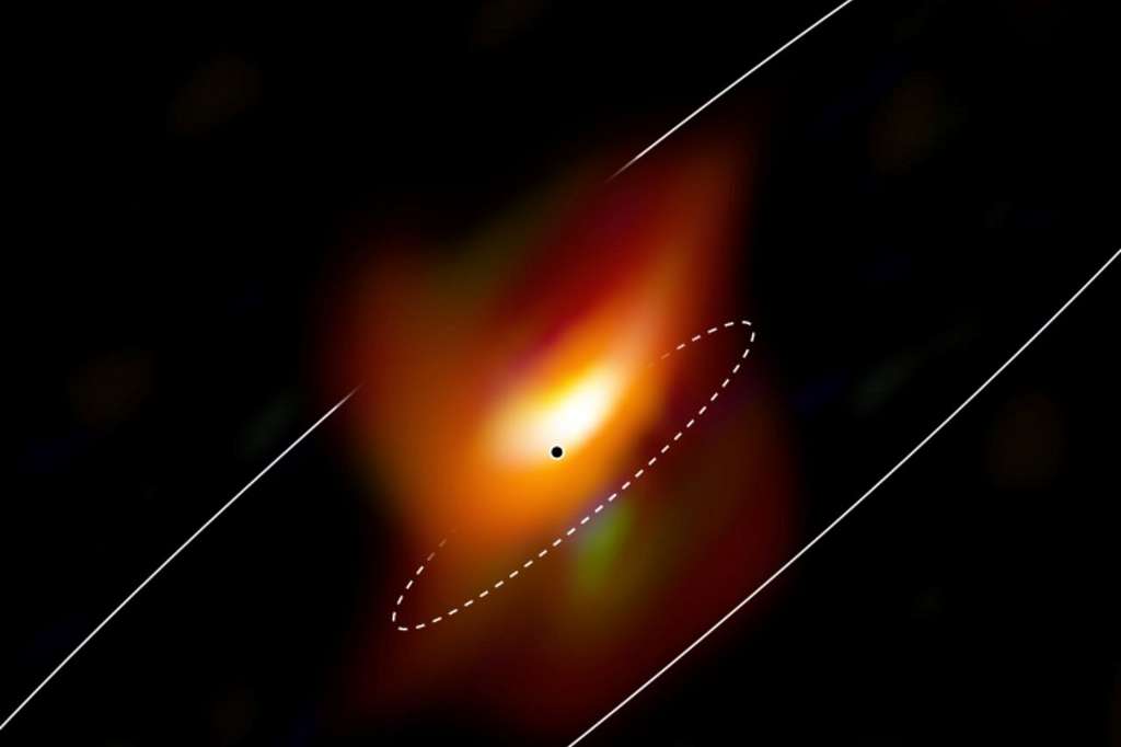 Cette image, capturée au moyen de l’instrument Matisse, figure les régions centrales de la galaxie active Messier 77. Grâce à des observations remarquablement détaillées du centre actif de cette galaxie, une équipe d’astronomes a détecté la présence d’un anneau dense de poussière et de gaz cosmiques dissimulant un trou noir supermassif. Le point noir indique la position la plus probable du trou noir, tandis que les deux ellipses matérialisent l’étendue, vue en projection, du volumineux anneau de poussière interne (en pointillés) et du vaste disque de poussière. © ESO, Jaffe, Gámez-Rosas et al.