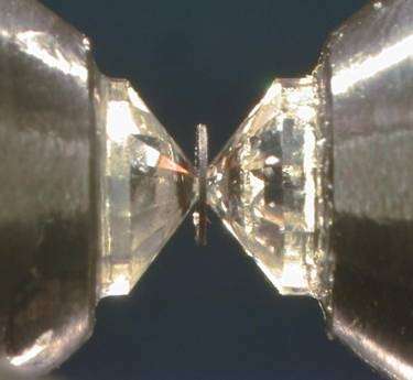 Le rayonnement incident est généralement transmis au travers du diamant « arrière » jusqu'à l'échantillon qui diffracte alors au travers du diamant situé entre lui et le détecteur. L'échantillon est une poudre ou un monocristal. © Philippe Gillet