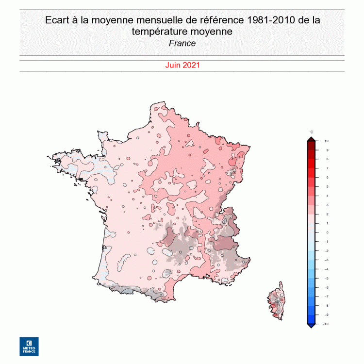 Comme il apparait clairement sur cette carte, le quart nord-est du pays a connu des anomalies de températures plus importantes que le reste de la France en ce mois de juin 2021. © Météo France