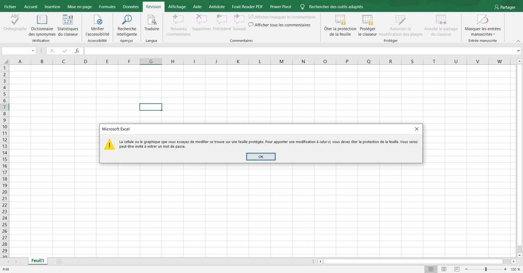 Notification d’erreur affichée par Excel en cas de modification d’une cellule protégée © Microsoft