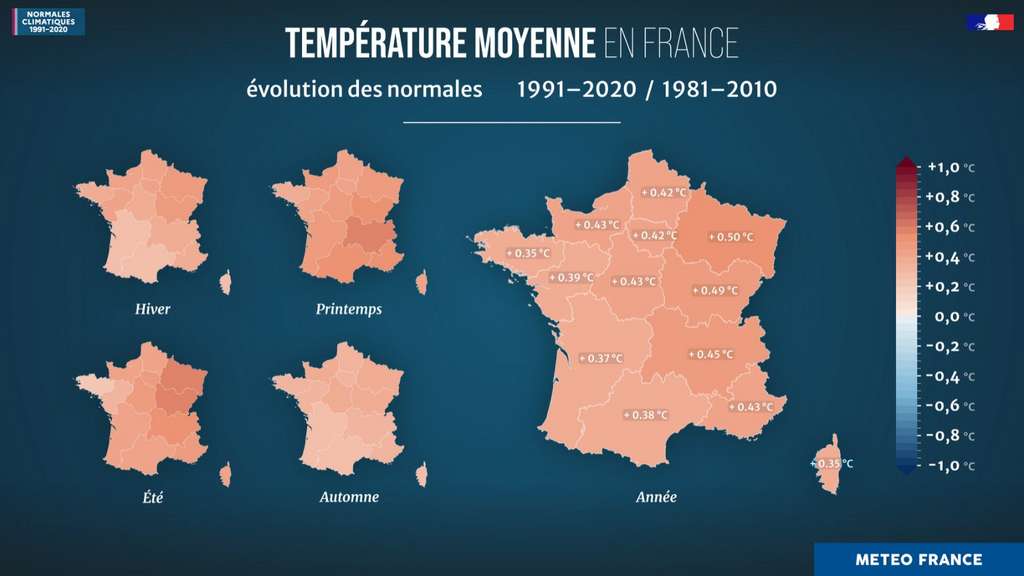 L'évolution des températures moyennes des régions françaises entre les années 1990 et les années 2000. © Météo France