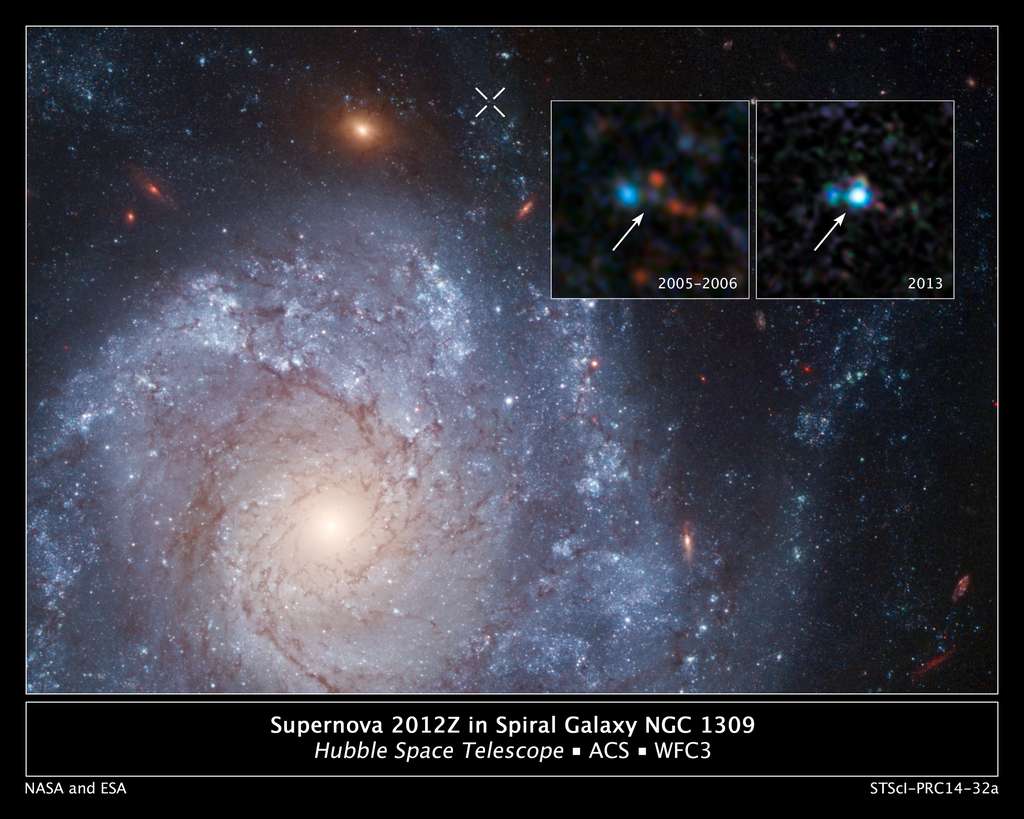 Le panneau en médaillon est une paire d'images du télescope spatial Hubble de la galaxie spirale NGC 1309 qui a été prise avant et après l'apparition de Supernova 2012Z, à la périphérie de la galaxie. L'élément blanc en forme de X en haut de l'image de la galaxie marque l'emplacement de la supernova. Le panneau en médaillon de 2013 montre la supernova ; les données d'archives de Hubble de 2005 et 2006 montrent le système progéniteur de la supernova, considéré comme un système binaire contenant une étoile d'hélium transférant de la matière à une naine blanche qui a explosé. ©Nasa, ESA, C. McCully et S. Jha (Rutgers University), R. Foley (University of Illinois), et Z. Levay (STScI); Hubble Heritage Team (STScI/Aura), et A. Riess (JHU/STScI).