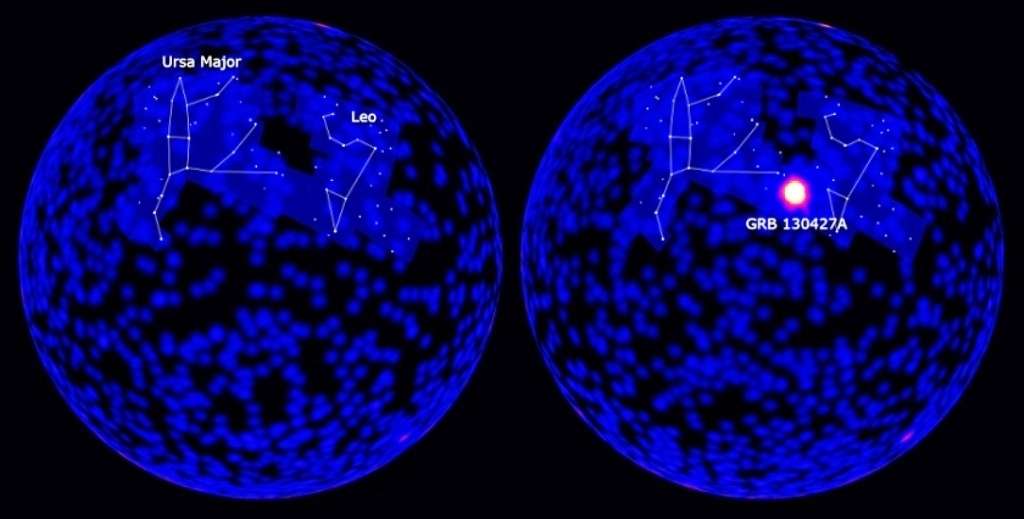 Ces cartes montrent le ciel observé en rayons gamma au-dessus de 100 MeV par l'instrument LAT du satellite Fermi. À gauche, le ciel trois heures avant l'occurrence du sursaut gamma GRB 130427A. À droite, une carte établie 30 minutes après l'explosion. GRB 130427A était situé dans la constellation du Lion, près de sa limite avec la Grande Ourse. © Nasa, DoE, Fermi LAT Collaboration