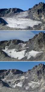 Trois prises de vue du glacier Pizol, datant de haut en bas, de 2006, 2017, 2019, sur la commune de Mels en Suisse. © Handout - EHT Zurich, Matthias Huss, AFP Trois prises de vue du glacier Pizol, datant de haut en bas, de 2006, 2017, 2019, sur la commune de Mels en Suisse. © Handout - EHT Zurich, Matthias Huss, AFP