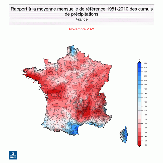 En ce mois de novembre 2021, la France a connu un déficit de précipitation important. © Météo France