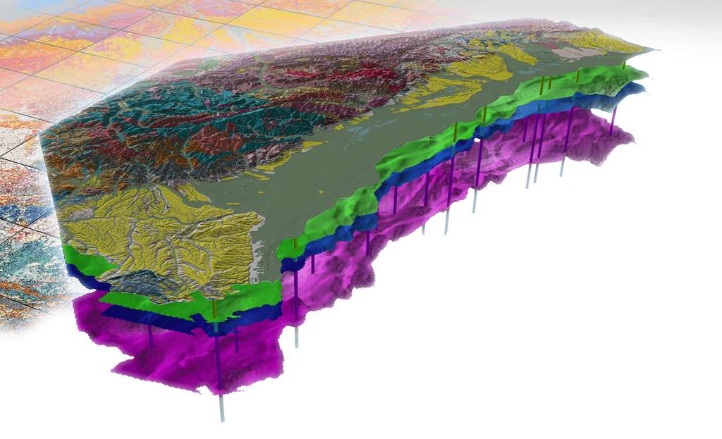 Une modélisation 3D du fossé Vosges-Fossé rhénan, qui a servi de modèle à la carte des Pyrénées. © BRGM