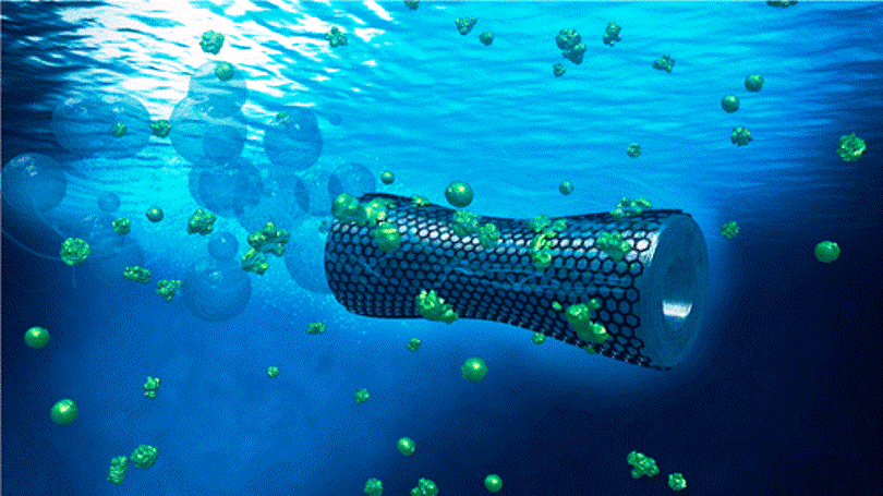 Une représentation d'artiste des microrobots propulsés par des bulles d'oxygène. Leur revêtement en oxyde de graphène capture efficacement le plomb dans l'eau. © American Chemical Society