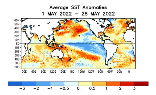 Le refroidissement du Pacifique était encore marqué en mai dernier, (en bleu) signe de de La Niña. © NOAA