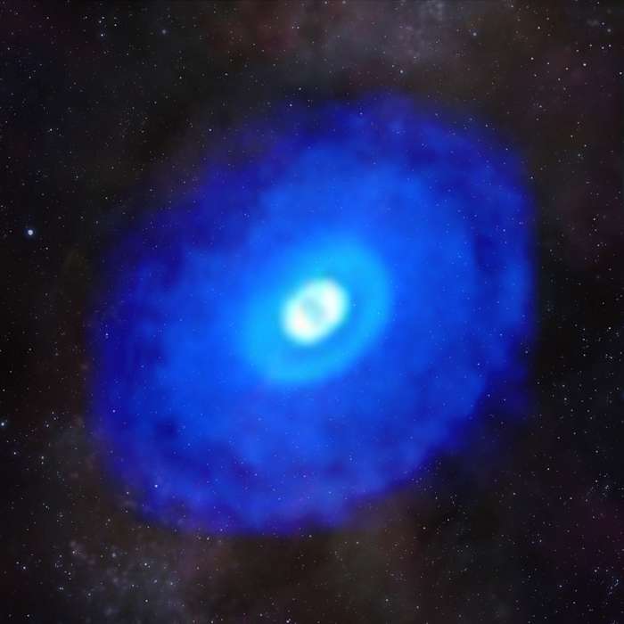 Sur cette image composite construite à partir des données d’Alma de la jeune étoile HD 163296, on découvre l’émission du cyanure d’hydrogène (HCN), posée sur une vue d’artiste d’un champ d’étoiles. © ALMA (ESO, NAOJ, NRAO), D. Berry (NRAO), K. Öberg et al (Maps)