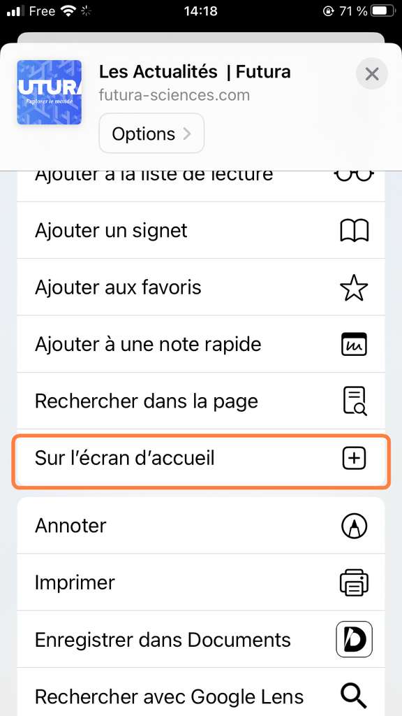 Partage de la page Web sur l’écran d’accueil. © Apple