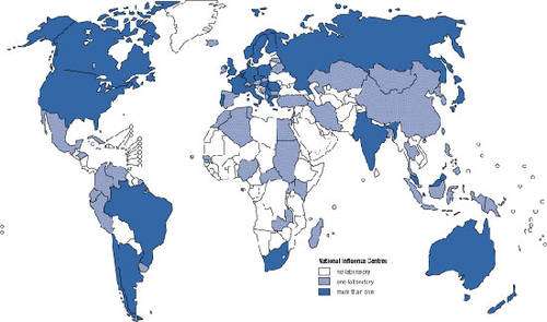 Le réseau OMS des 112 centres nationaux de surveillance de la grippe. © World Health Organization 2006