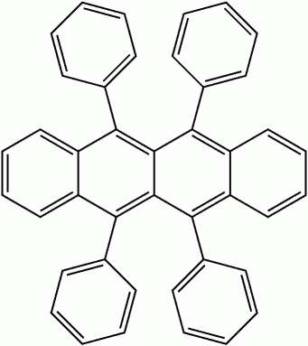 La formule chimique brute du rubrène, un hydrocarbure aromatique polycyclique, est C42H28. On l'appelle le 5,6,11,12-tétraphénylnaphthacène. © Domaine public