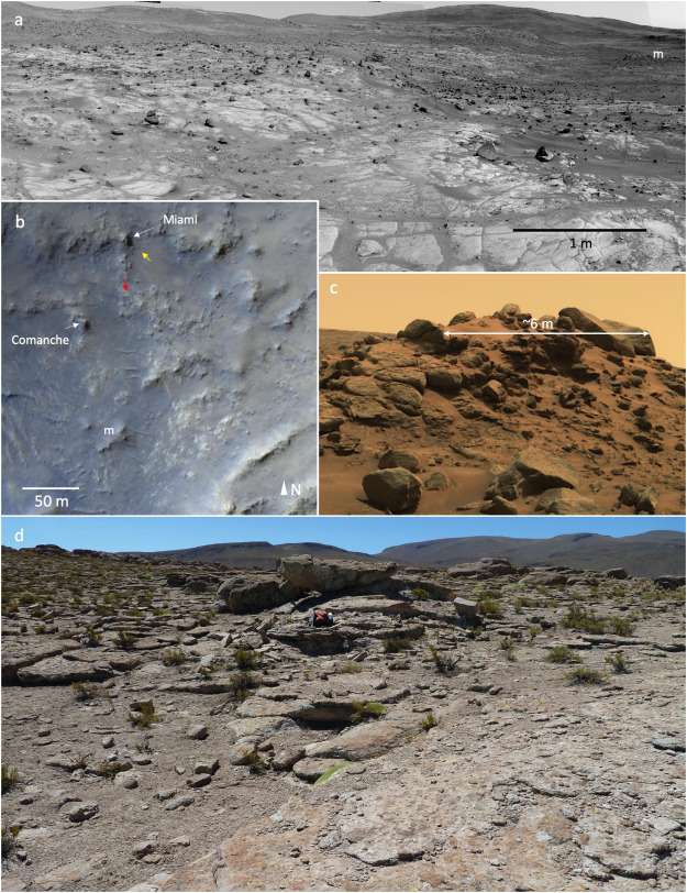 Comparaison des roches martiennes observées par Spirit sur Columbia Hills (a,b,c) avec des ignimbrites terrestres, au Chili (d). © Ruff et al., 2022, Icarus, CC by-nc-nd 4.0