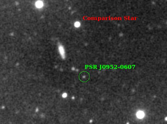 Le spectre du système PSR J0952-0607 a été comparé avec celui d'une étoile bien plus lumineuse. © Observatoire W. M. Keck, Roger W. Romani, Alex Filippenko