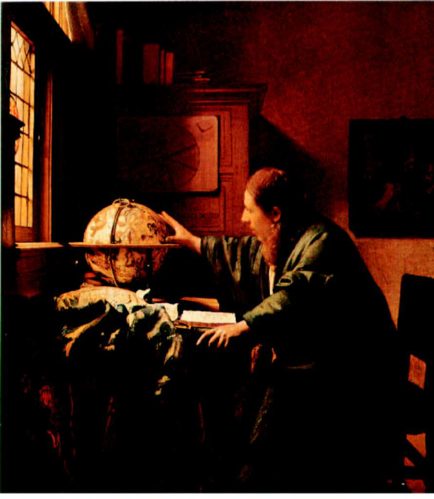 Deux tableaux de Vermeer, l'astronome et le géomètre, peints la même année. L'astronome a toujours été un géomètre, mais les connexions sont devenues encore plus importantes au XXe siècle, où l'on a découvert que même la cosmologie était affaire de géométrie.