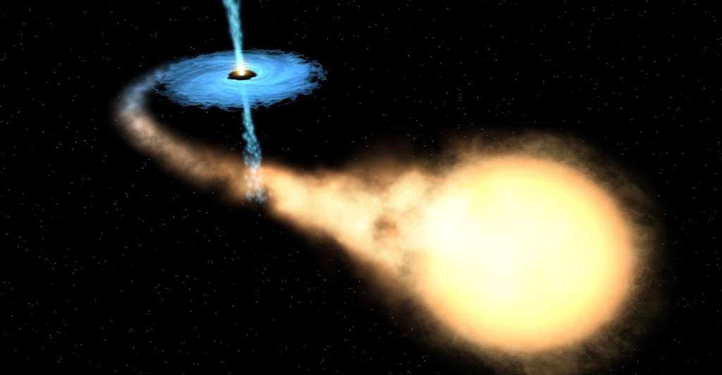 Au sein d’un système binaire composé d’un trou noir et d’une étoile, cette dernière voit son gaz arraché et aspiré vers le trou noir. © Dan Gardner - Domaine public