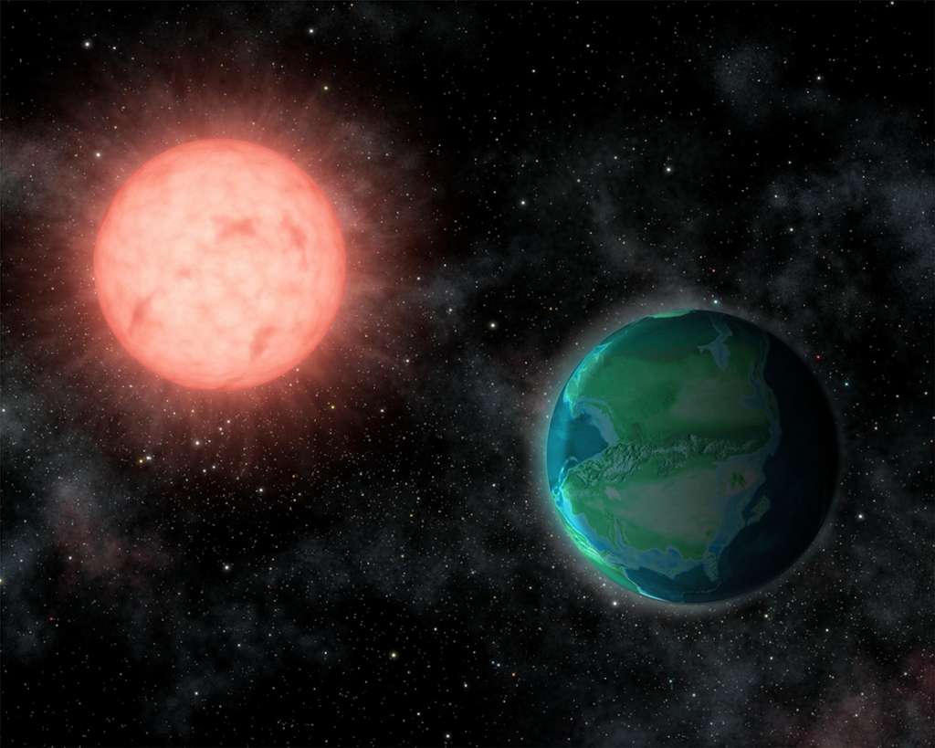 Illustration d’une planète rocheuse abritant de la vie en orbite autour de la naine rouge. © Jack O’Malley-James, Cornell University