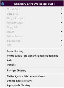 Le menu Ghostery pour Firefox permet de mettre en pause le blocage des traqueurs le temps de la consultation d’une page (bouton « Pause blocking ») ou de mettre un site (« nom de domaine ») dans la liste blanche de l’extension. © Guénaël Pépin