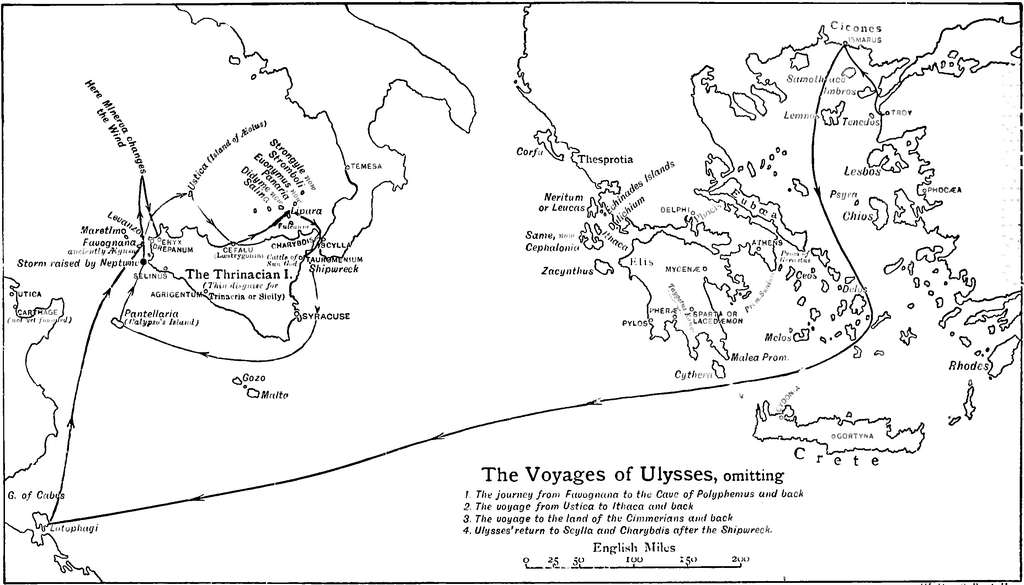La carte retraçant le voyage d'Ulysse selon Samuel Butler. © Samuel Butler, Wikimedia Commons, domaine public