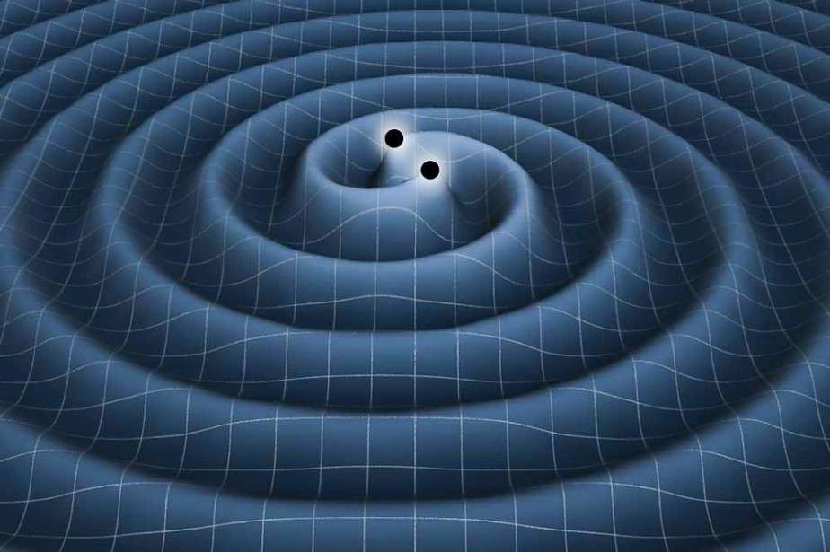Représentation des ondes gravitationnelles produites par la fusion de deux trous noirs. © Nasa