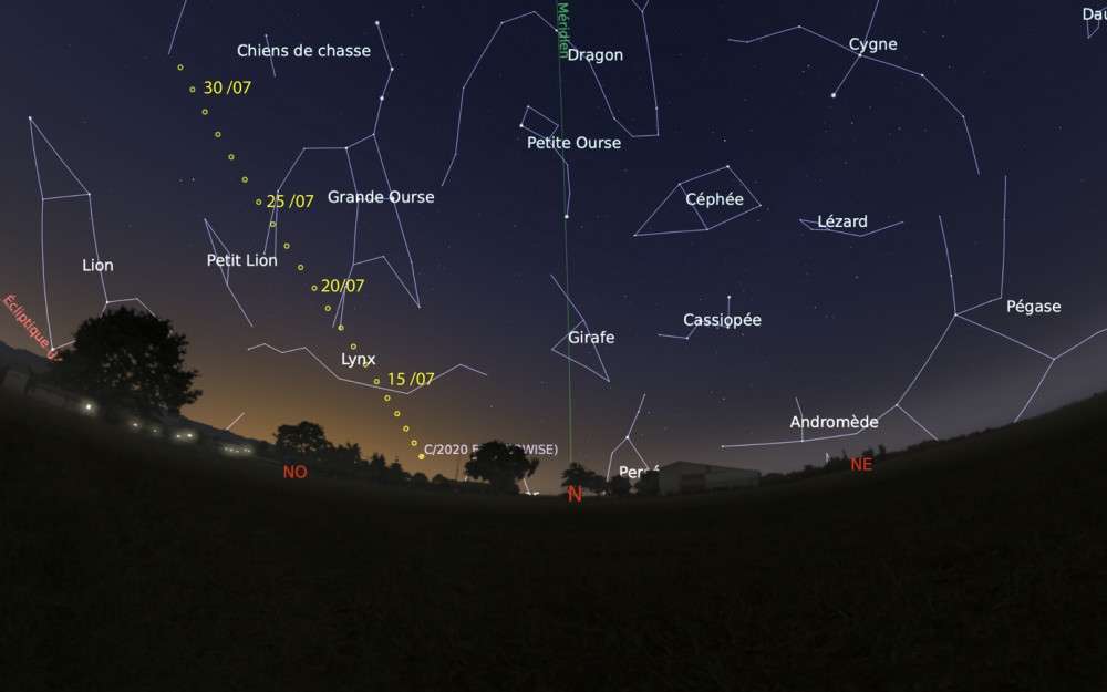 Le cheminement de la comète Neowise dans le ciel de juillet, du Lynx à la Chevelure de Bérénice, en passant par la Grande Ourse. © IMCCE