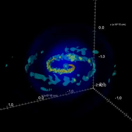Une simulation numérique de l'influence d'une exoplanète sur l'enveloppe gazeuse éjecté par l'étoile centrale agonisante. La formation d'une onde spirale est bien visible. Crédit : Rochester University