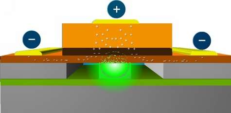 Mesurant moins de dix micromètres, le composant en phosphide d'indium (orange) est gravé sur une puce en silicium à l'aide des techniques habituelles. Sous l'action d'une tension électrique, il émet une lumière laser (en vert) récupérée par un guide d'onde en silicium dont les parois jouent le rôle de miroir. Crédits : Intel