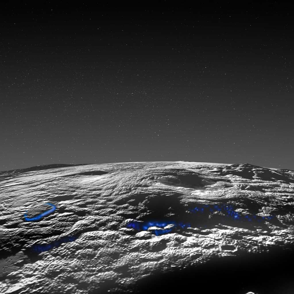 La région étudiée par les planétologues au sud-ouest du « cœur » de Pluton, Spoutnik Planitia, contient plusieurs grands dômes et s'élève jusqu'à 7 kilomètres de haut sur 30 à 100 kilomètres de diamètre, avec des collines interconnectées, des monticules, et des dépressions recouvrant les côtés et les sommets de bon nombre des plus grandes structures. © Nasa, Johns Hopkins University Applied Physics Laboratory, Southwest Research Institute, Isaac Herrera, Kelsi Singer