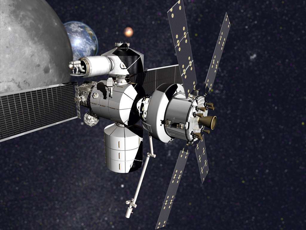 Concept de poste avancé en orbite cislunaire proposé par la société Lockheed Martin dans le cadre du programme NEXTStep de la Nasa. © Lockheed Martin