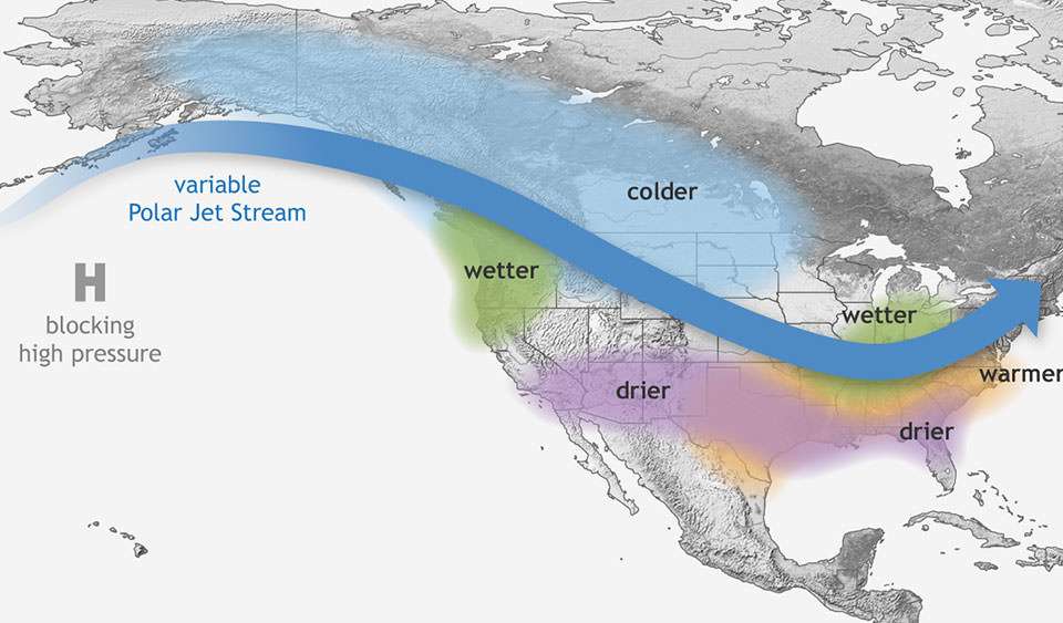 Voici comment le phénomène La Niña module la météo sur les États-Unis. Sur l’Europe, les conséquences sont moins marquées. Sur l’Europe du nord, il a tendance à apporter un froid sec. Et sur l’Europe du sud, de l’humidité et du vent. Sur l’Europe de l’ouest, les hivers sont généralement plus froids. © NOAA