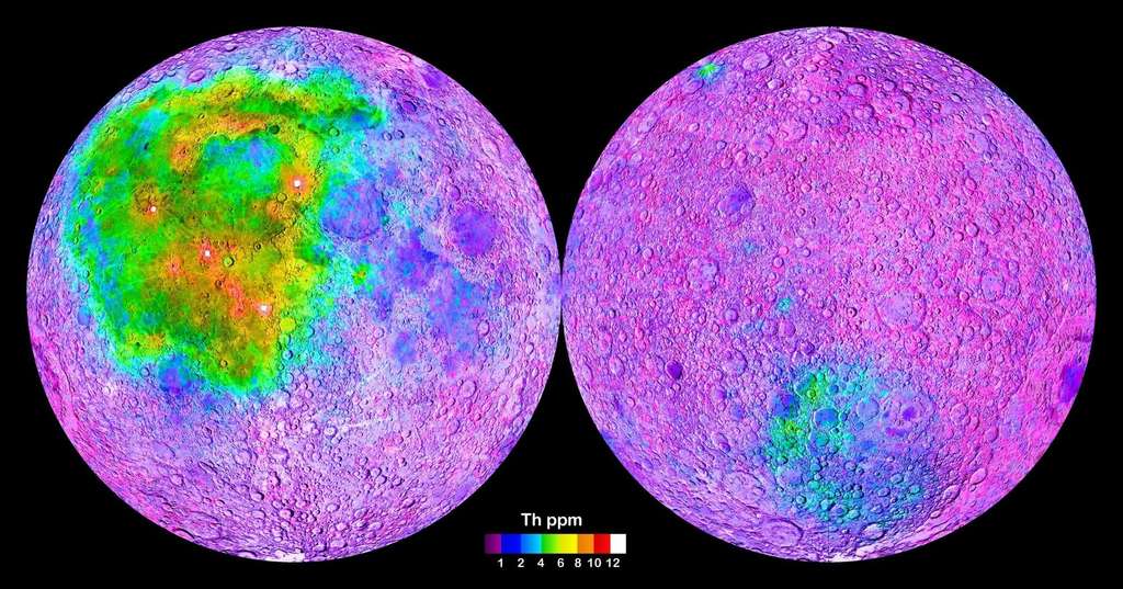 Cette carte créée grâce à la spectrométrie gamma révèle la répartition de l'élément thorium sur la Lune, démontrant clairement que celui-ci est plus abondant sur sa face visible. © Nasa