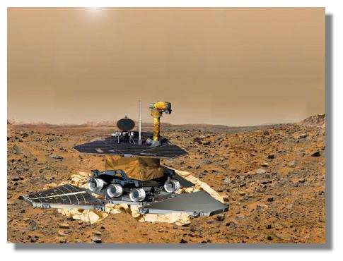 Le rover vient de se poser sur Mars amorti pas ses coussins gonflables. Quand la sonde s'est stabilisée, les airbags sont rétractés et les 3 pétales sont alors ouverts. Le rover est encore compacté dans son logement. Il faudra pas moins d'une semaine pour qu'il pose enfin ses roues sur la poussières de Mars. © NASA / JPL